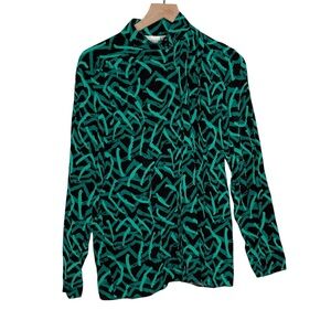 Vintage Prophecy Sheer Blouse Green Black Abstract Button Up Size 10 Retro Artsy